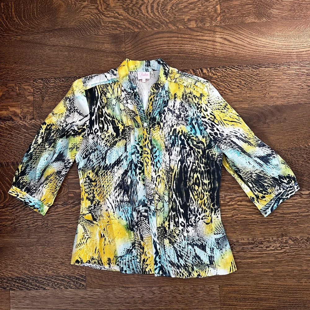 Parker Silk button down 3/4 sleeve yellow and turquoise animal print blouse